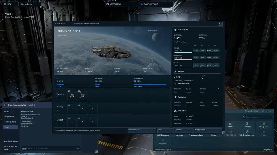 Originale Ausrüstungsoberfläche im Hangar von Void Frontier